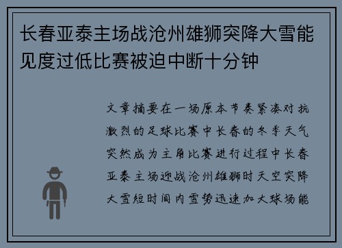 长春亚泰主场战沧州雄狮突降大雪能见度过低比赛被迫中断十分钟 长春亚泰主场战沧州雄狮突降大雪能见度过低比赛被迫中断十分钟